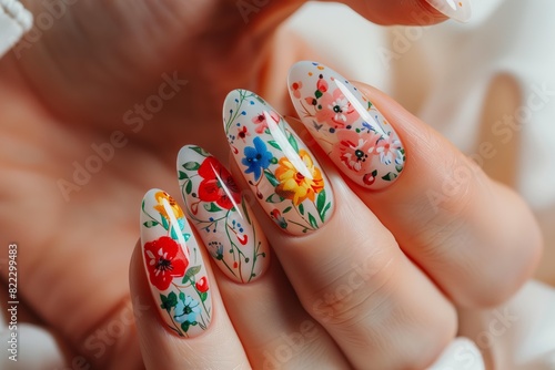 close up summer floral almond shaped manicure