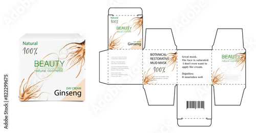 Design of the cosmetic packaging template. Cut. Cosmetic cream mask with ginseng in a closed box. Realistic 3D model.