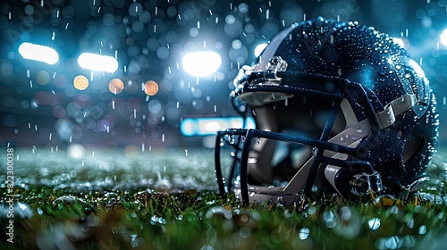 A close-up of a water drop-decorated American football helmet in the midst of a play on a cricket pitch, under the glare of floodlights, with visible rain and dirt highlighting the movement and energy photo