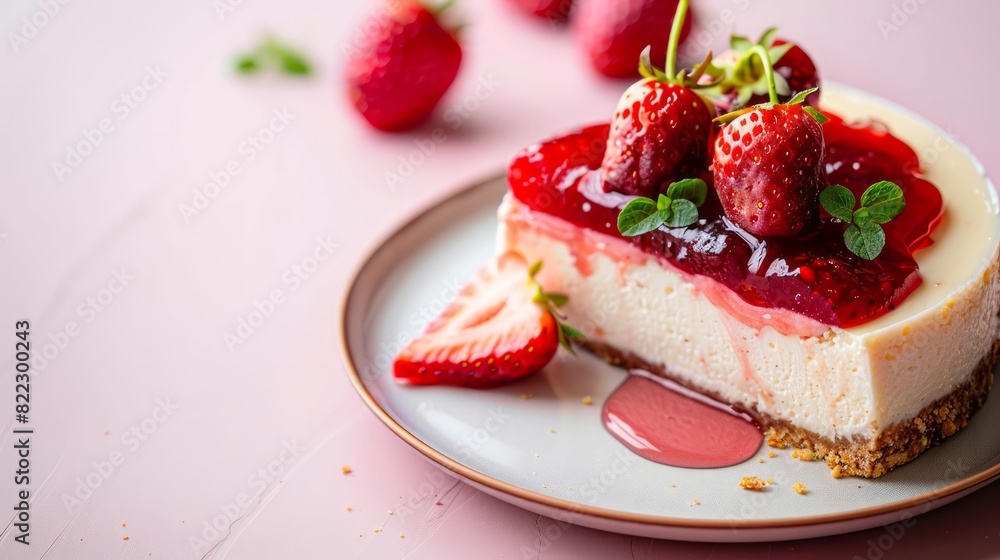 A slice of strawberry cheesecake with strawberries on top A slice of strawberry cheesecake with strawberries on top
