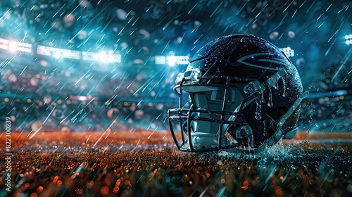 A vivid depiction of a water drop-themed American football helmet during an intense moment on a cricket field, with floodlights shining down, capturing the movement, rain, and dirt in striking detail photo