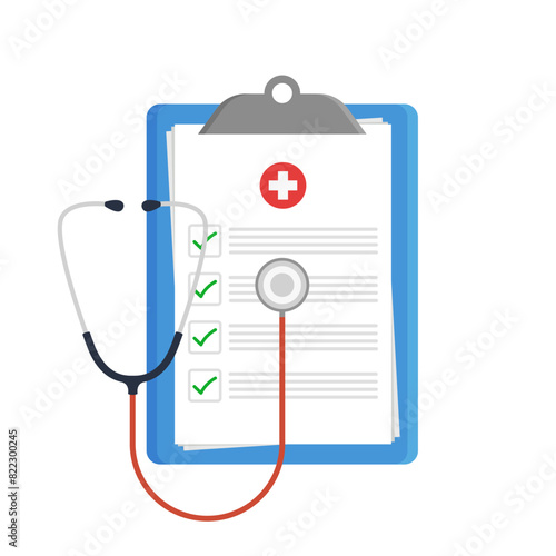 Clipboard, papers with medicine symbol and stethoscope flat vector design