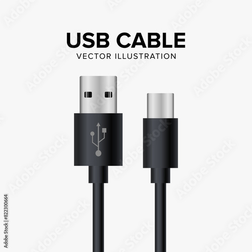 Realistic USB Cable Vector Illustration on White Background