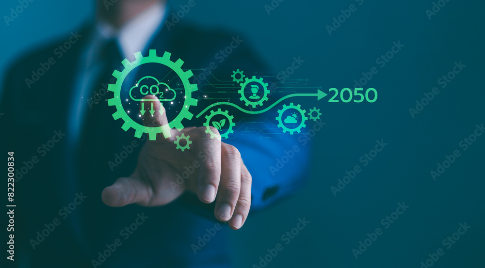 Greenhouse gas carbon reduce CO2 emissions to limit global warming and climate change, green environment energy neutral decarbonize technology recycle pollution, electric transport, offset planting.