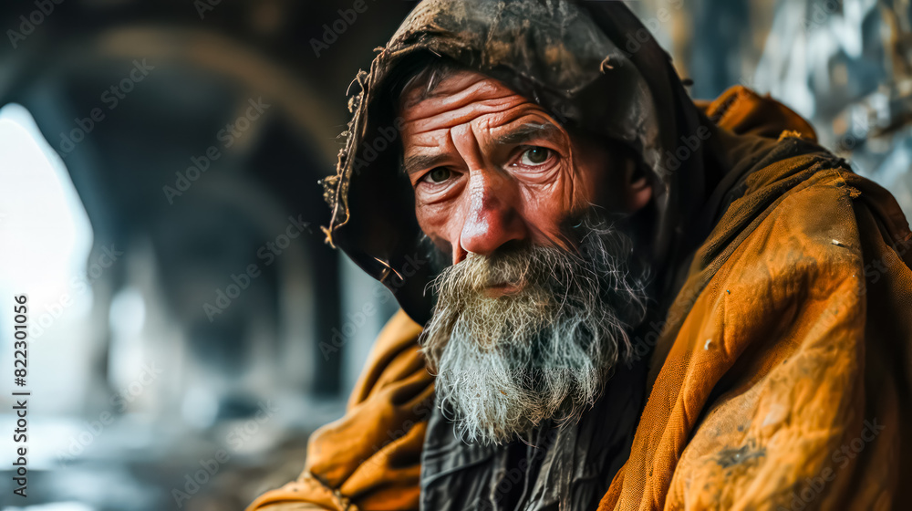 A portrait of a homeless man sitting on a wet street, highlighting the struggle and resilience of those facing homelessness, urging for empathy and assistance. A portrait of a homeless man sitting on a wet street, highlighting the struggle and resilience of those facing homelessness, urging for empathy and assistance.
