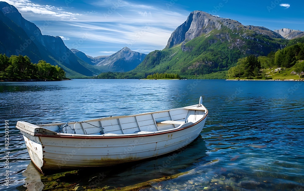 Photo of small boat on a lake in Norway, with mountains in the background, a blue sky, green trees, blue water, and natural scenery