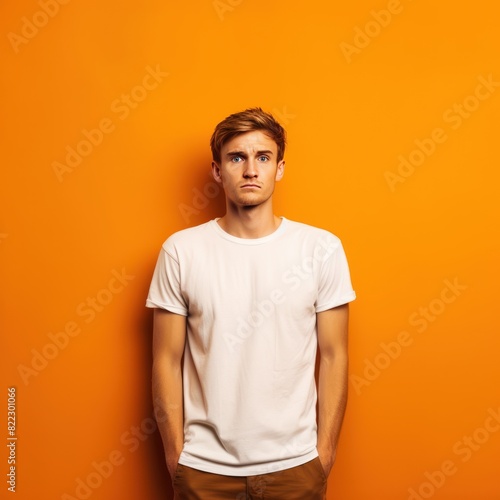 Orange background sad european white man realistic person portrait of young beautiful bad mood expression man Isolated on Background depression  © Zickert