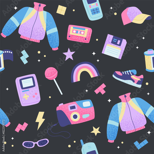 90s retro seamless pattern. Cute bright multicolor elements on dark background. Vector illustration in trendy flat style