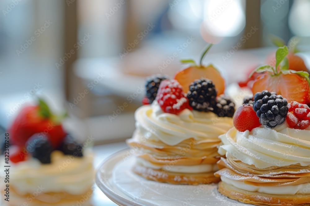 Gourmet Pastries in Chic Cafe Setting with Pastry, Fruit, and Cream Layers - Ideal for Culinary Promotions Gourmet Pastries in Chic Cafe Setting with Pastry, Fruit, and Cream Layers - Ideal for Culinary Promotions