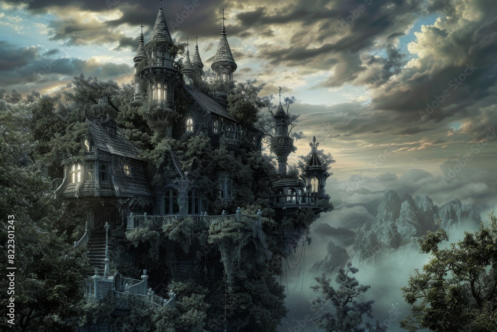 Castle on a cliff with a clock tower Castle on a cliff with a clock tower