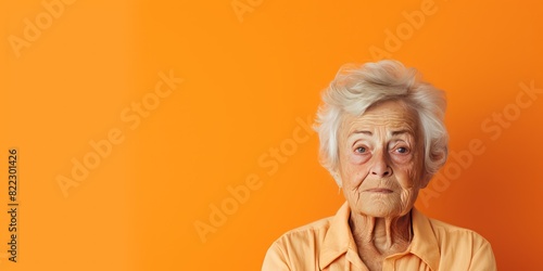 Orange background sad European white Woman grandmother realistic person portrait of young beautiful bad mood expression Woman Isolated Background