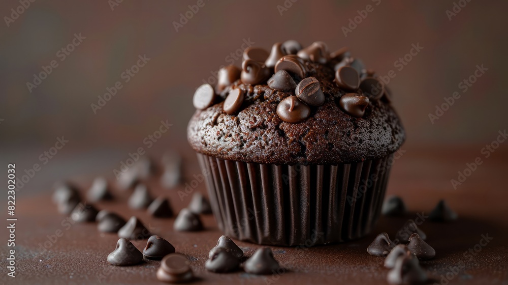 A chocolate muffin with chocolate chips on top A chocolate muffin with chocolate chips on top