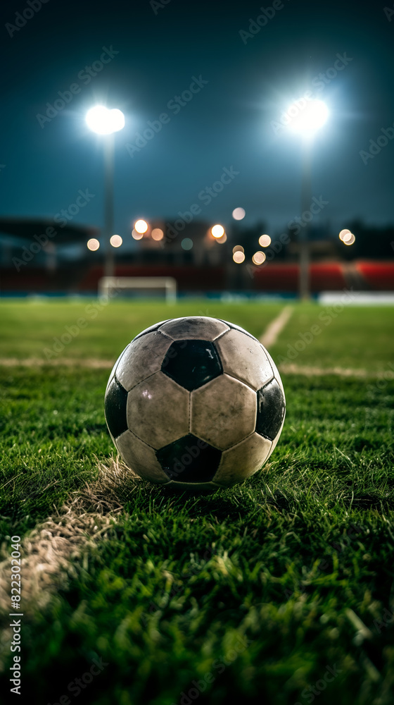 Obraz premium Soccer ball on grass under stadium light at night