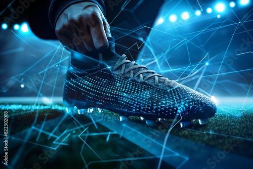 Hand adjusting futuristic soccer cleat on grass field with digital network lines photo