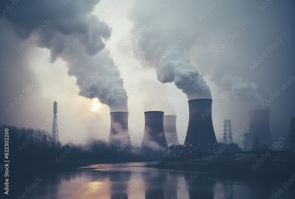 industrial background factories production, smoking chimneys, nature pollution, dangerous emissions into the atmosphere and soil