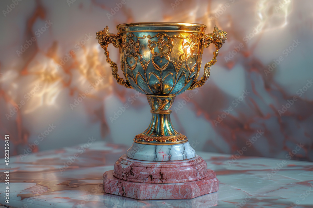Elegant Golden Trophy on Marble Pedestal with Ornate Details and Soft Background Lighting Elegant Golden Trophy on Marble Pedestal with Ornate Details and Soft Background Lighting