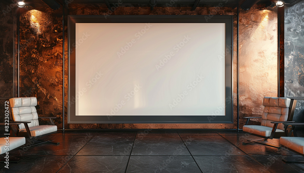 A single large empty white frame with dark borders, centrally spotlighted against a wall with a polished copper texture A single large empty white frame with dark borders, centrally spotlighted against a wall with a polished copper texture
