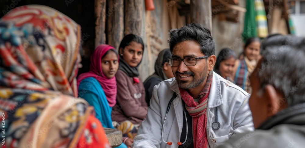 community health outreach, an indian doctor offers vital healthcare services at a free health camp in a rural village, aiming to narrow down the healthcare disparity for underprivileged groups