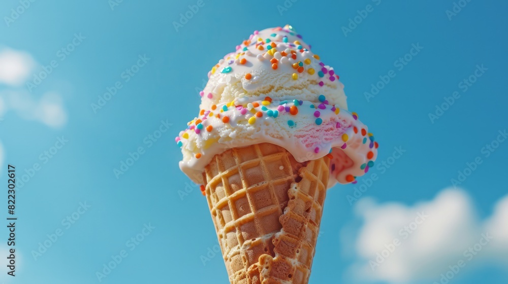 A scoop of ice cream with rainbow sprinkles on top of a waffle cone