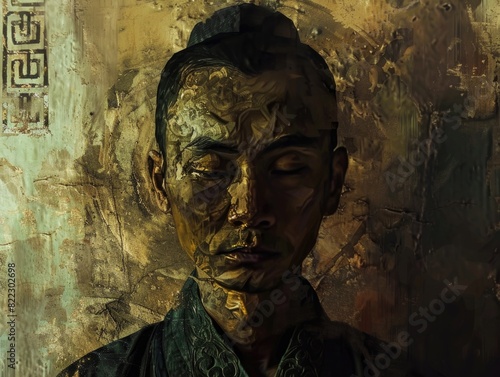 Mystical Golden Portrait of an Asian Man with Traditional Elements