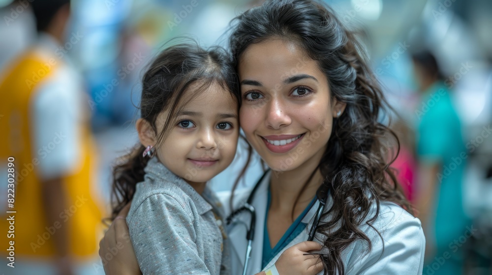 medical empathy, in a busy city hospital, a caring indian female doctor soothes a upset child with compassion and serenity, providing comfort in the midst of chaos medical empathy, in a busy city hospital, a caring indian female doctor soothes a upset child with compassion and serenity, providing comfort in the midst of chaos