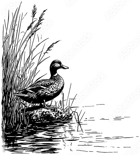 Mallard duck in the reeds at shore of a lake