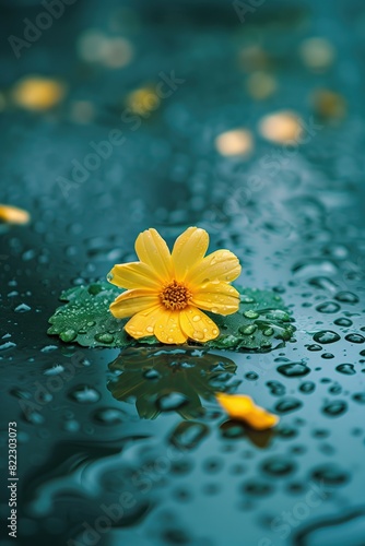 bright yellow flower lying on wet surface surrounded by scattered raindrops during rainy monsoon season