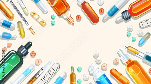Array of liquid medications and droppers flat design top view pharmaceutical theme cartoon drawing vivid