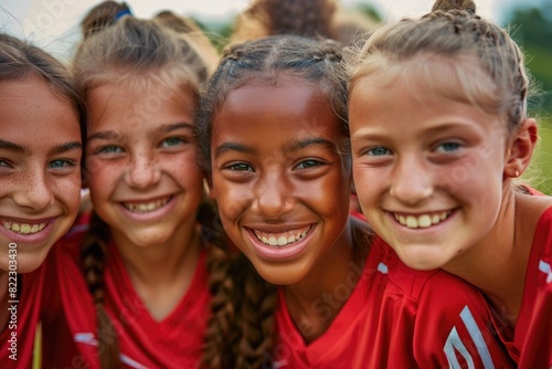Girl's sports team smiling together, friendship in sports