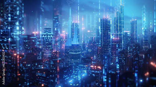 Futuristic cityscape illuminated at night with neon lights and towering skyscrapers  depicting an advanced  technologically-driven urban environment.