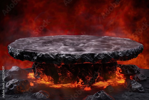 large empty rugged stone podium platform engulfed by flames against backdrop of intense fiery red orange hues of volcanic environment background photo