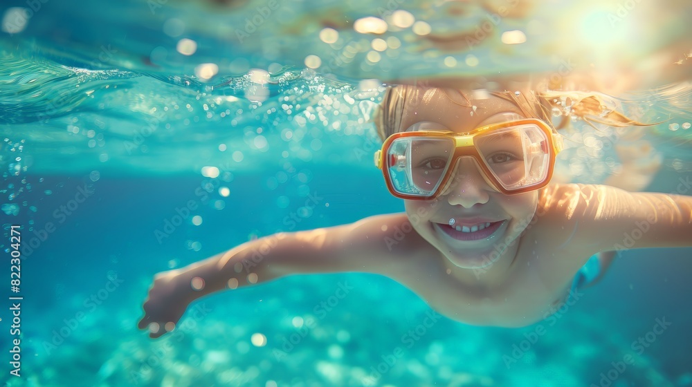 Naklejka premium Cute smiling child having fun swimming and diving in the pool at the resort on summer vacation. Sun shines under water and sparkling water reflection. Activities and sports to happy kid
