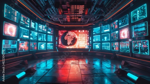 Futuristic control room with high-tech displays and glowing screens, showcasing advanced technology and digital interfaces.