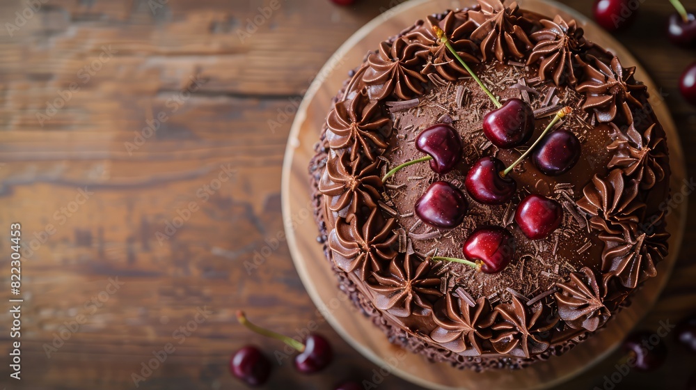 A chocolate cake with cherries on top sits on a wooden table A chocolate cake with cherries on top sits on a wooden table