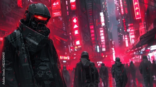 Futuristic cyberpunk city scene with neon red lights, armored figures, and a bustling urban environment under moody atmospheric conditions.