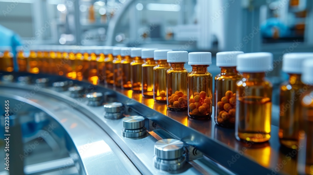 Medical vials on production line at pharmaceutical factory, Pharmaceutical machine working pharmaceutical glass bottles production line, health care, pandemic Medical vials on production line at pharmaceutical factory, Pharmaceutical machine working pharmaceutical glass bottles production line, health care, pandemic