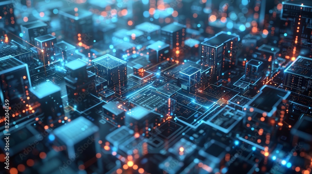 Futuristic digital circuit board with glowing connections and components, representing advanced technology and data networks. Futuristic digital circuit board with glowing connections and components, representing advanced technology and data networks.