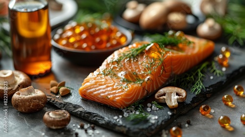 promote natural dietary sources of vitamin d with a bottle of supplements displayed alongside fish and mushrooms on a banner photo