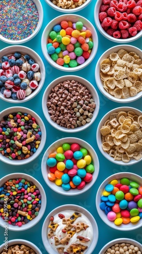 Many bowls of cereal and candy on a blue surface, sugary food background 