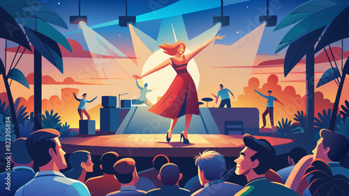 A young Caucasian woman dances at a concert to have a good time 