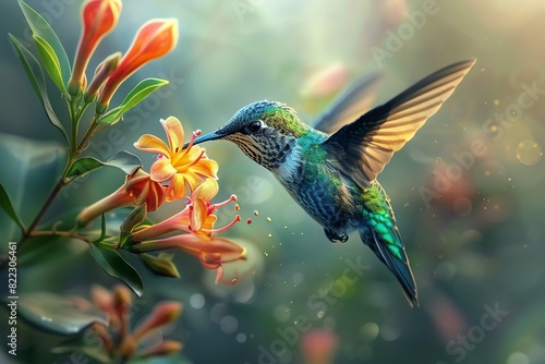 A colorful hummingbird hovering near a honeysuckle flower, its beak deep inside the trumpetshaped bloom to sip nectar