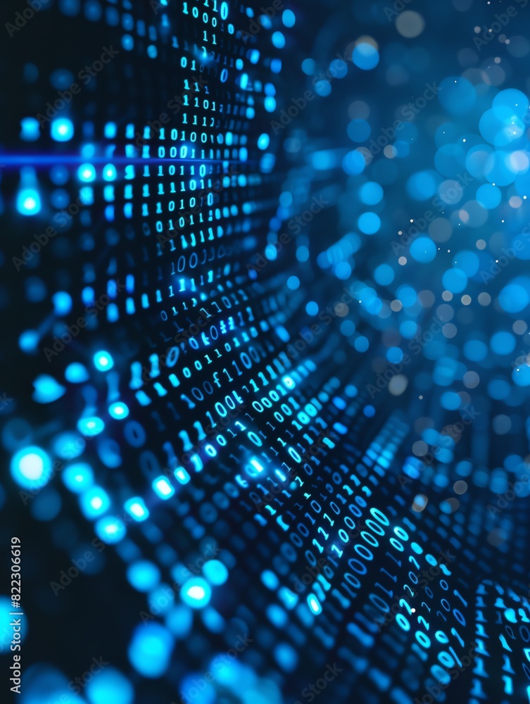 Deep blue binary digits streaming, closeup on computer monitor, crisp digital background Deep blue binary digits streaming, closeup on computer monitor, crisp digital background