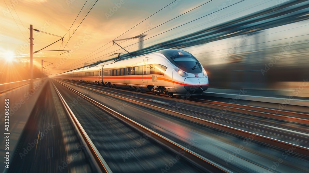 Fototapeta premium Modern High-Speed Train Gliding Through Countryside at Sunrise - Transportation Technology and Design for Poster or Print