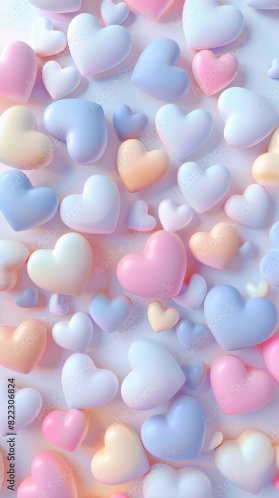 hearts in pastel colors background random sizes floating cartoony 3D minaimlist white background 