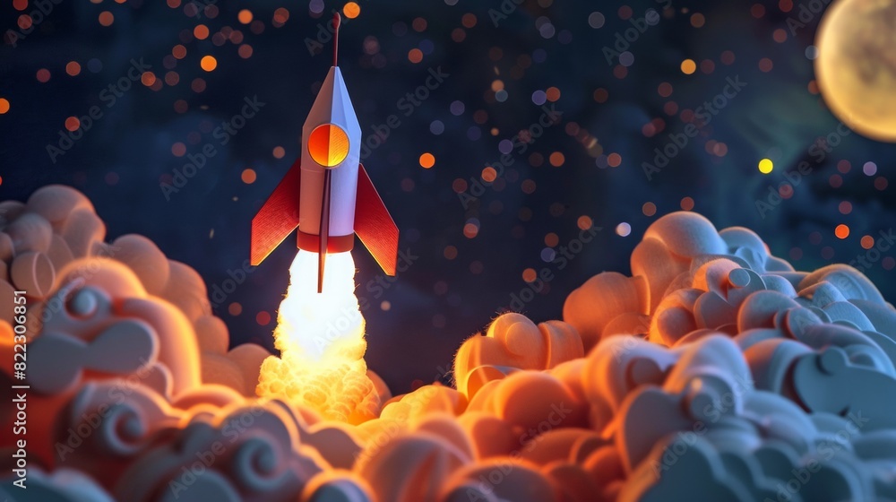 A paper rocket ship blasting off into a starry night sky-like backdrop A paper rocket ship blasting off into a starry night sky-like backdrop