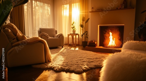 Inviting living room with a blazing fireplace, plush white sofa, soft shag rug, and soft ambient lighting filtering through sheer curtains. photo