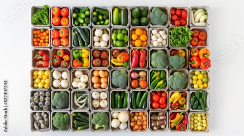 Hundreds of boxes of fresh vegetables arranged in a grid on white background. photo