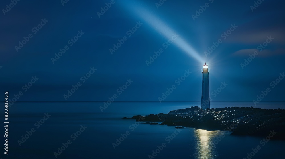 Lighthouse at night, a straight beam of light coming from the lighthouse.