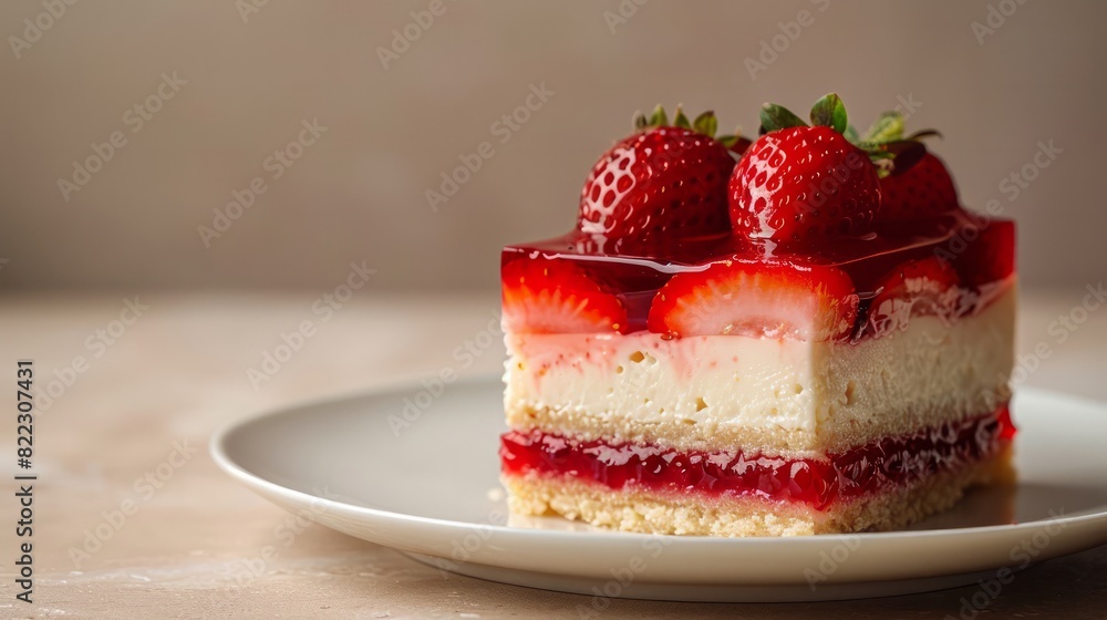 A slice of strawberry cheesecake on a white plate A slice of strawberry cheesecake on a white plate