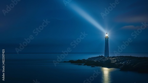 Lighthouse at night, a straight beam of light coming from the lighthouse.